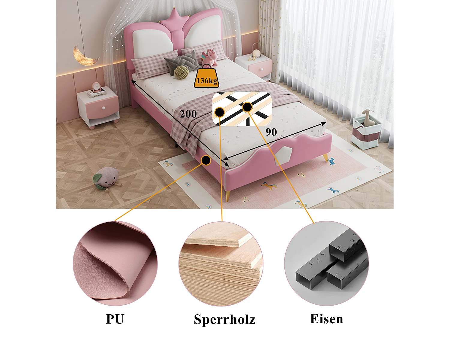 Letto singolo imbottito per bambini - 90 x 200 cm - testiera a forma di corona - PU + ferro + schiuma - rosa + bianco