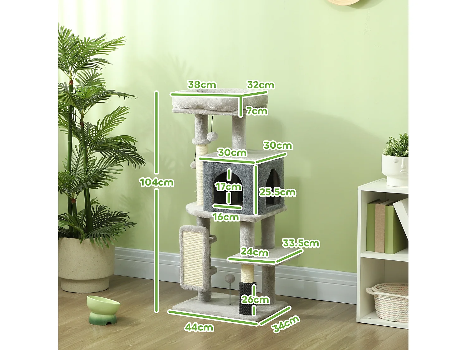 Albero per gatti alto 104 cm con casetta lettino palo con spazzola