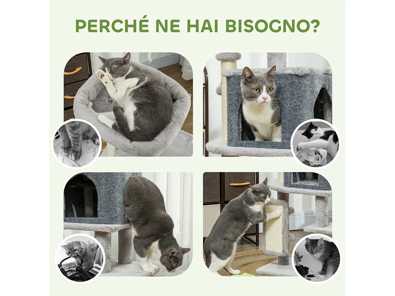 Albero per gatti alto 104 cm con casetta lettino palo con spazzola