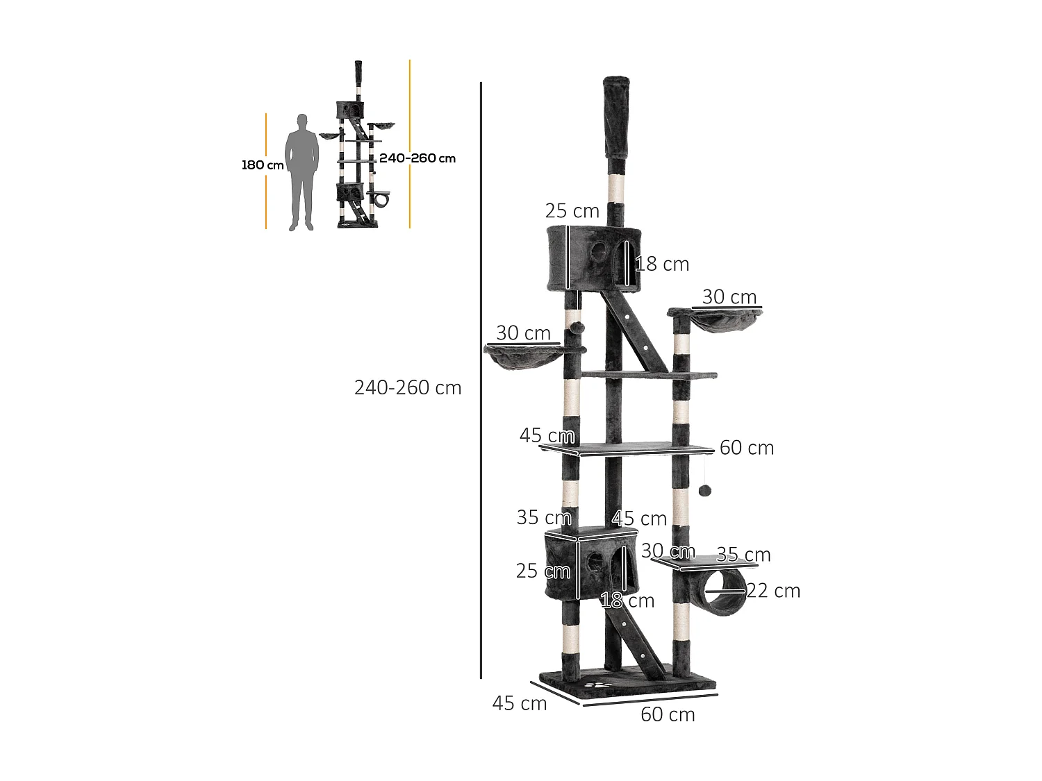 Tiragraffi per gatti a soffitto multilivello con cucce grigio