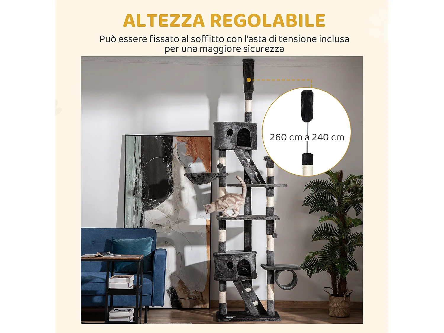 Tiragraffi per gatti a soffitto multilivello con cucce grigio