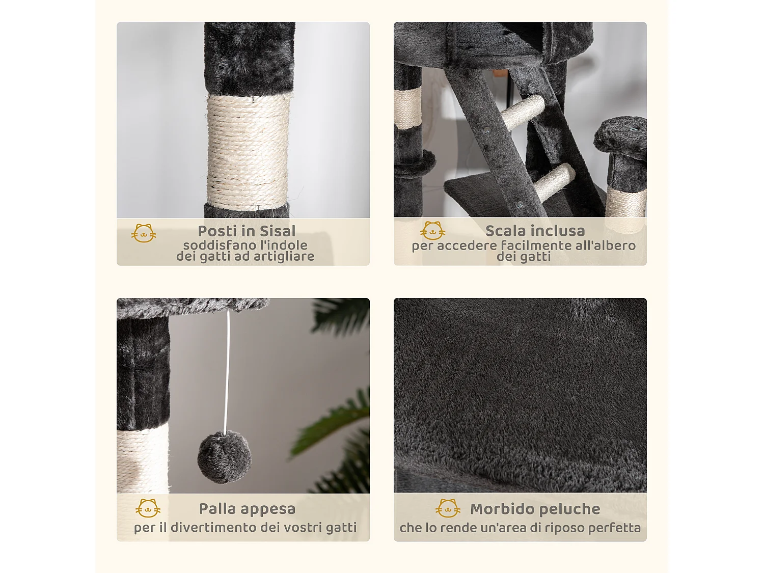 Tiragraffi per gatti a soffitto multilivello con cucce grigio