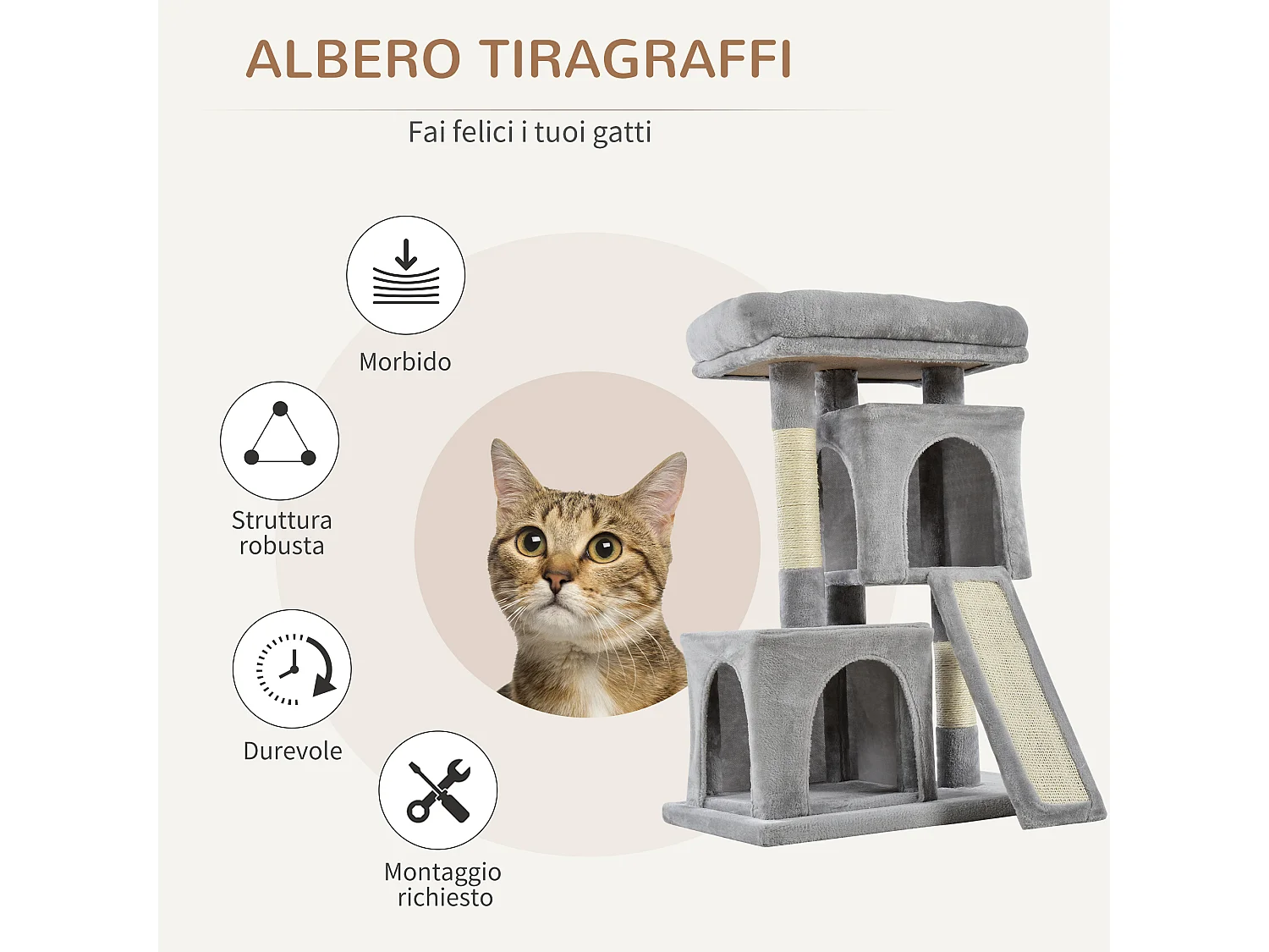 Albero tiragraffi con lettino 2 casette e pali in sisal