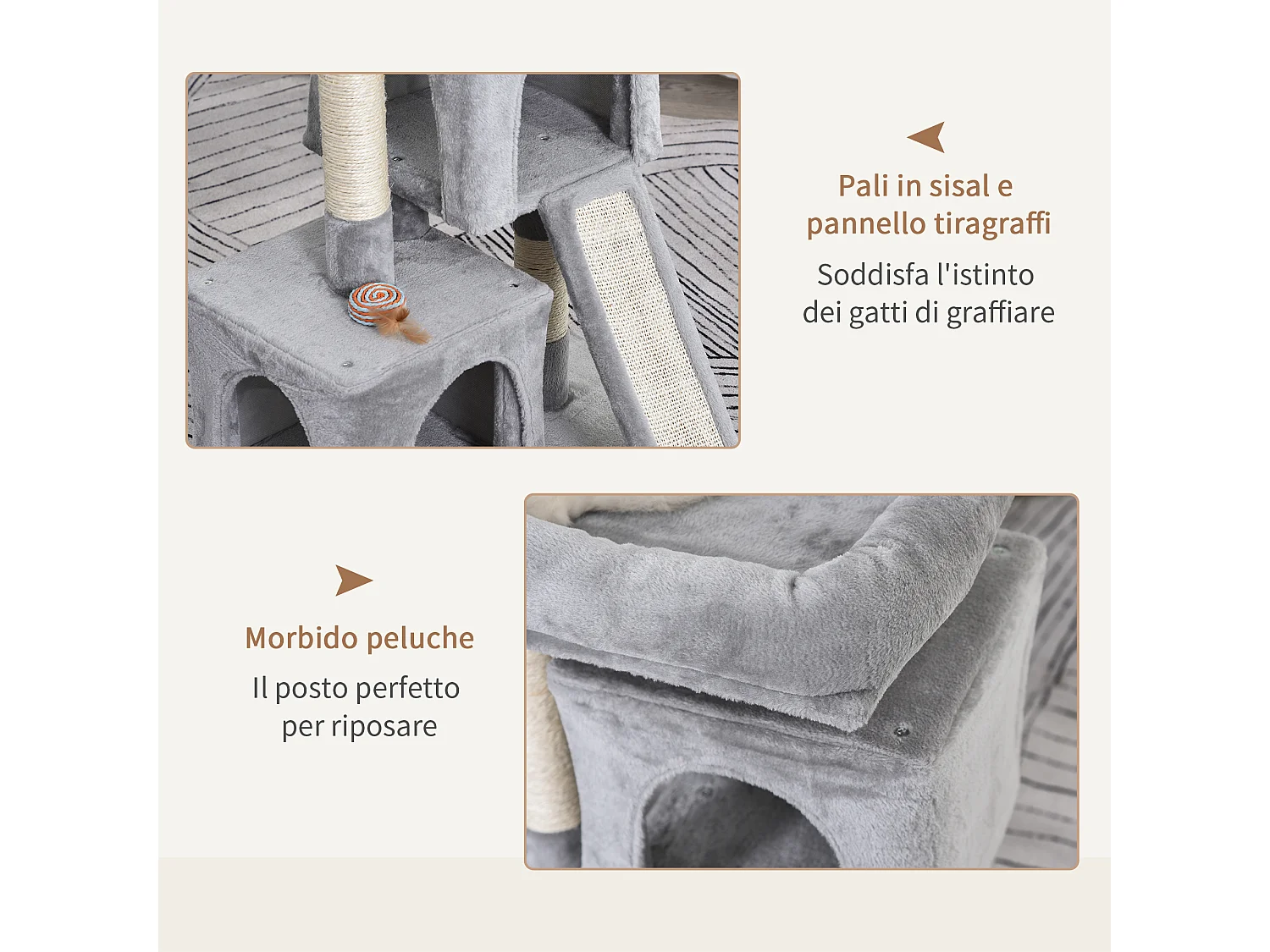 Albero tiragraffi con lettino 2 casette e pali in sisal