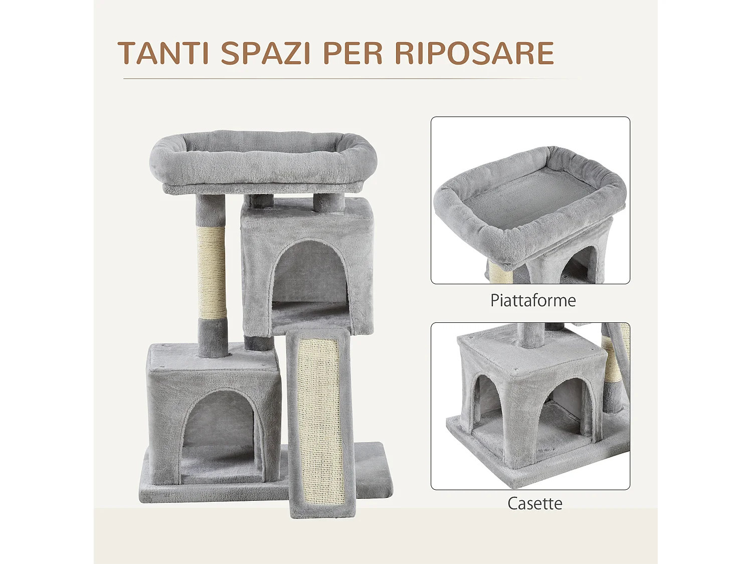 Albero tiragraffi con lettino 2 casette e pali in sisal