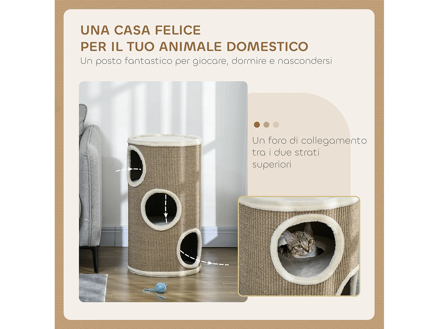 Cuccia per gatti a 3 livelli con tiragraffi in sisal e peluche marrone