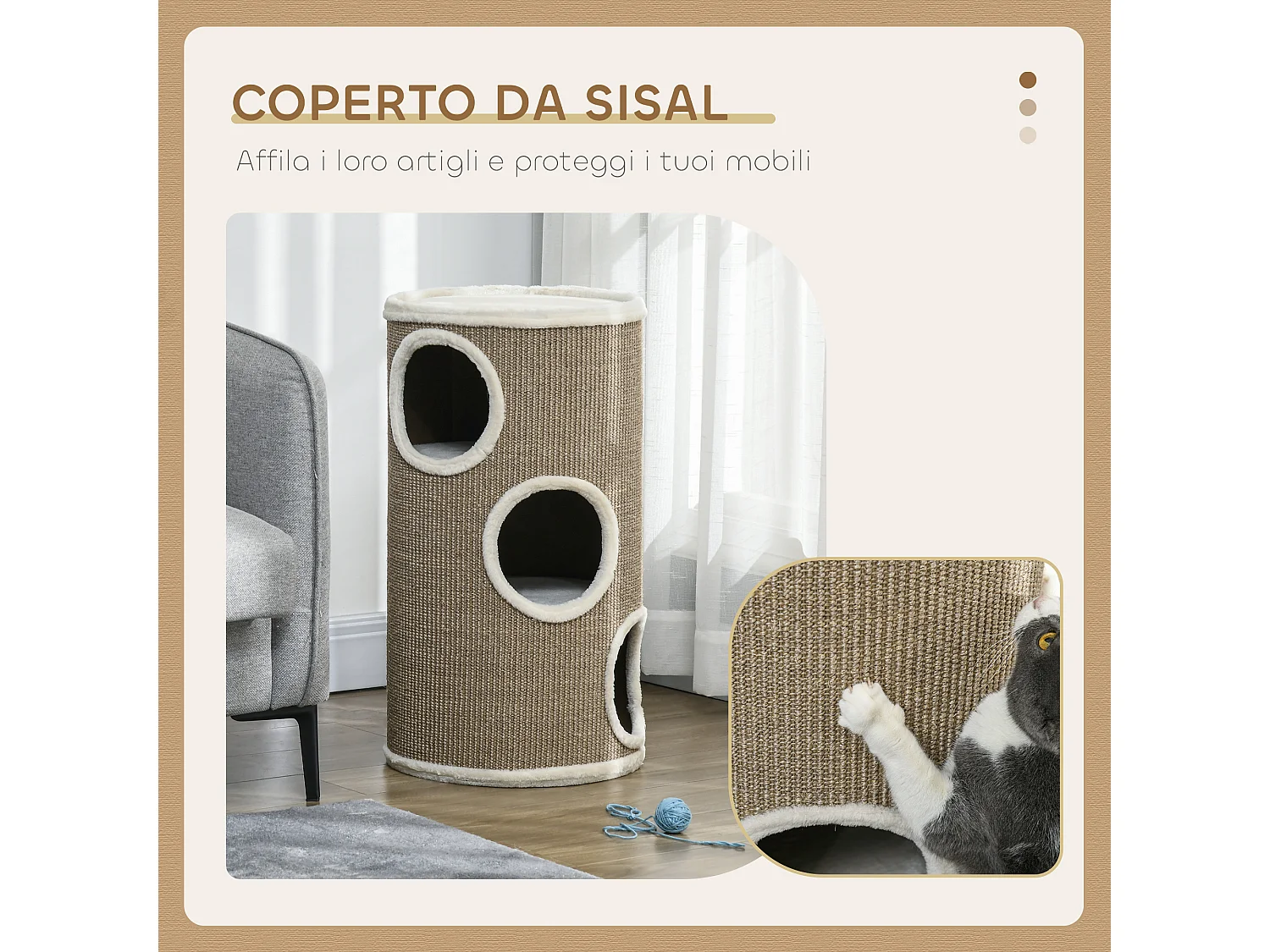 Cuccia per gatti a 3 livelli con tiragraffi in sisal e peluche marrone