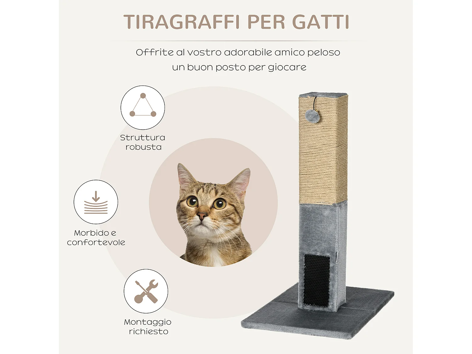 Albero tiragraffi per gatti con 2 palline giocattolo e spazzola grigio