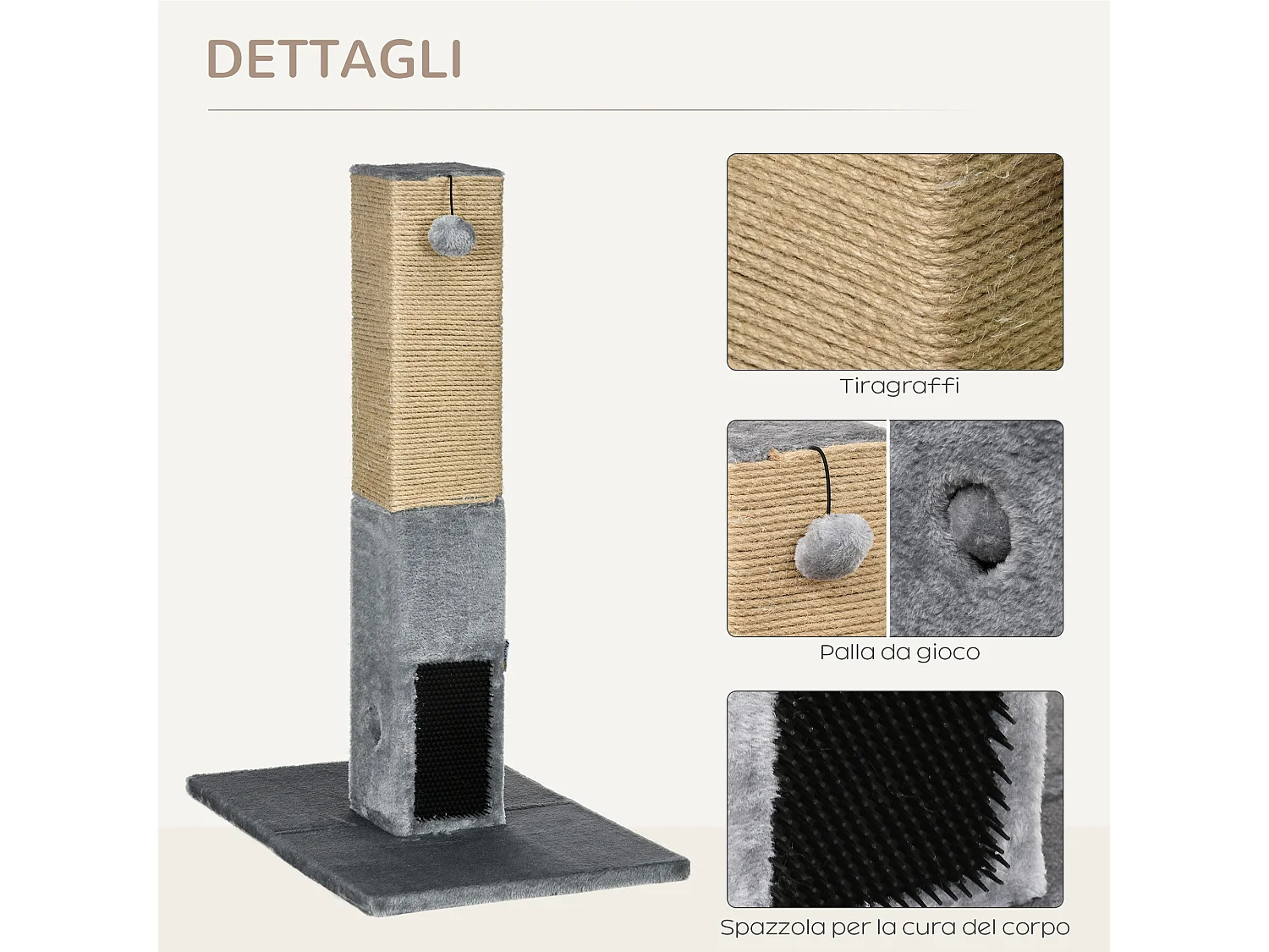 Albero tiragraffi per gatti con 2 palline giocattolo e spazzola grigio