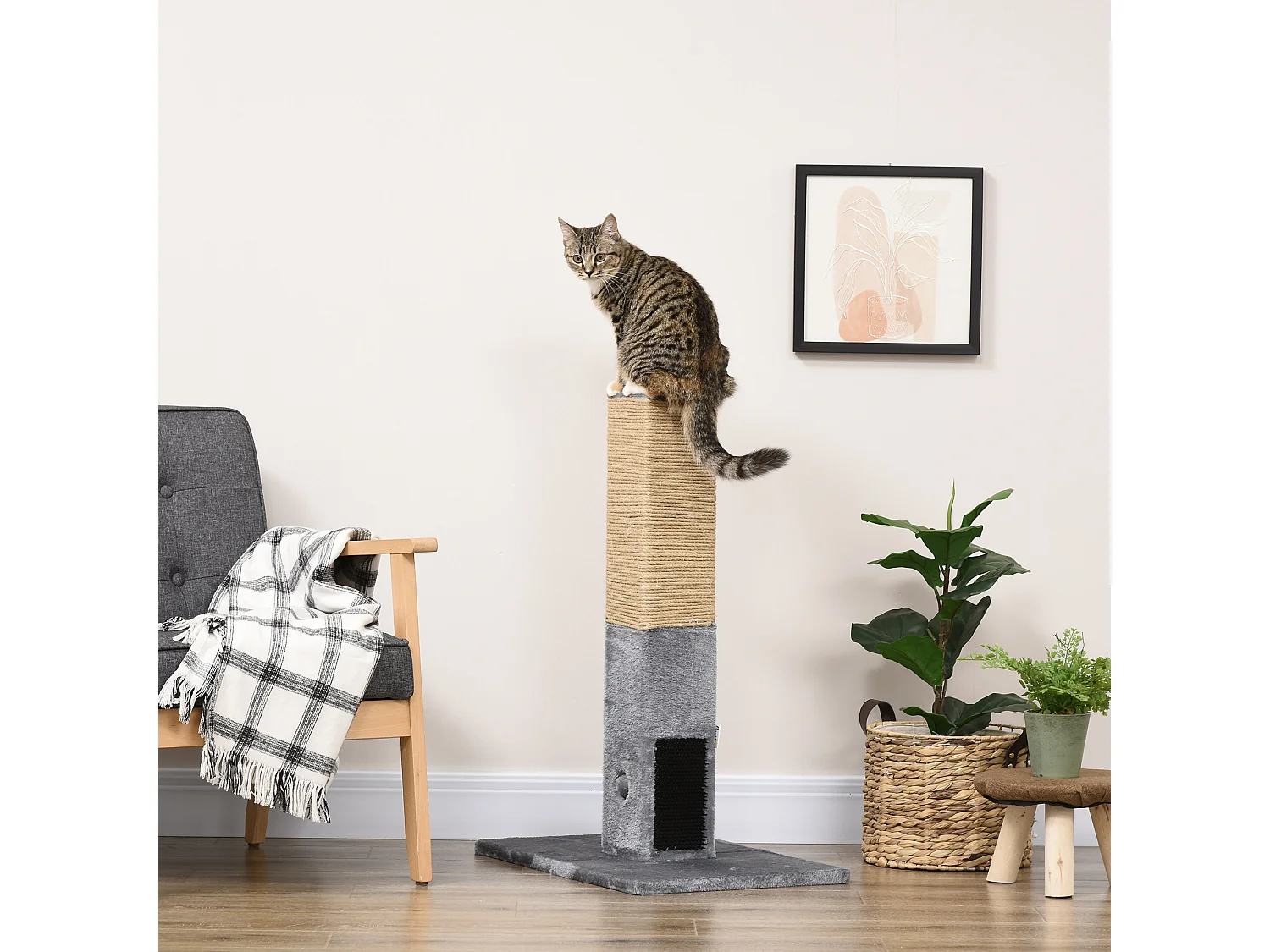 Albero tiragraffi per gatti con 2 palline giocattolo e spazzola grigio