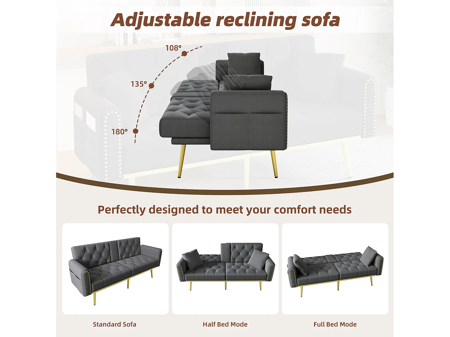 Canapé convertible 2 places - 175 x 80 x 73.5 cm - 3 positions d'inclinaison et avec porte-gobelets - velours - gris