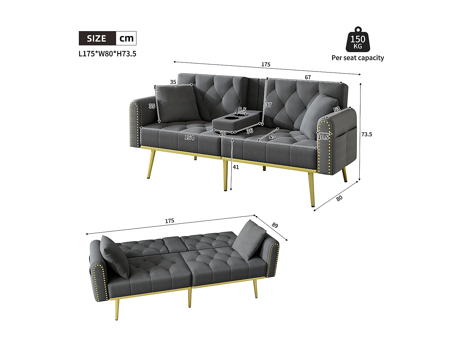 Canapé convertible 2 places - 175 x 80 x 73.5 cm - 3 positions d'inclinaison et avec porte-gobelets - velours - gris