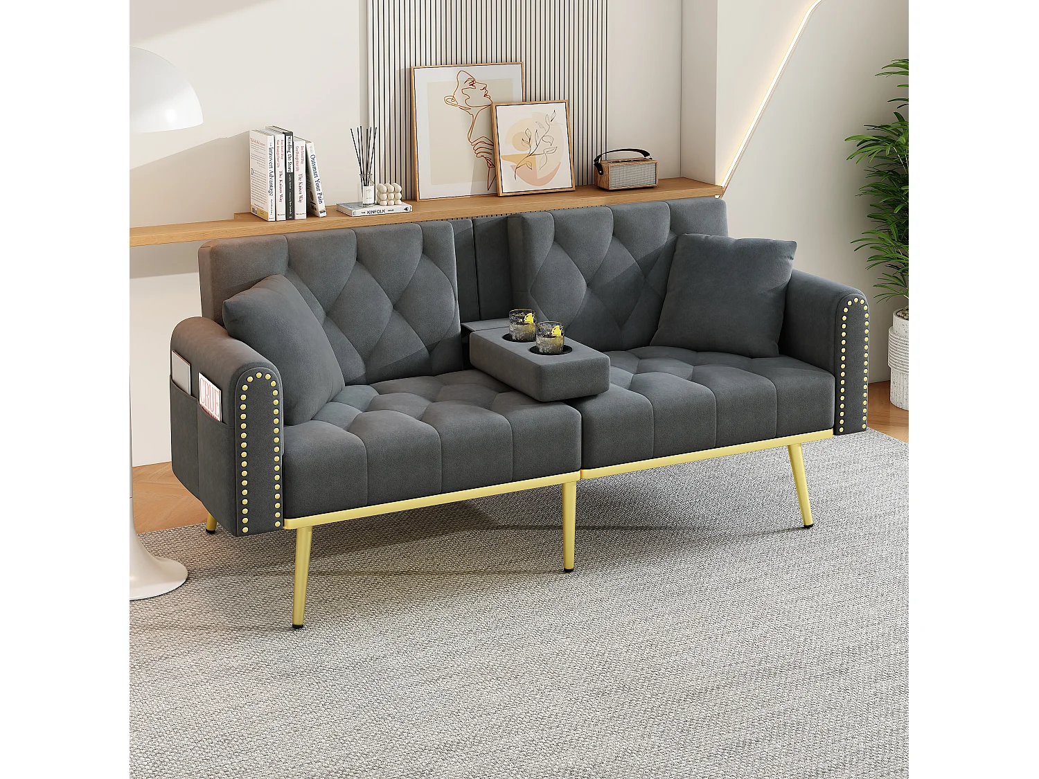 Divano letto 2 posti - 175 x 80 x 73,5 cm - 3 posizioni di reclinazione e con portabicchieri - velluto - grigio