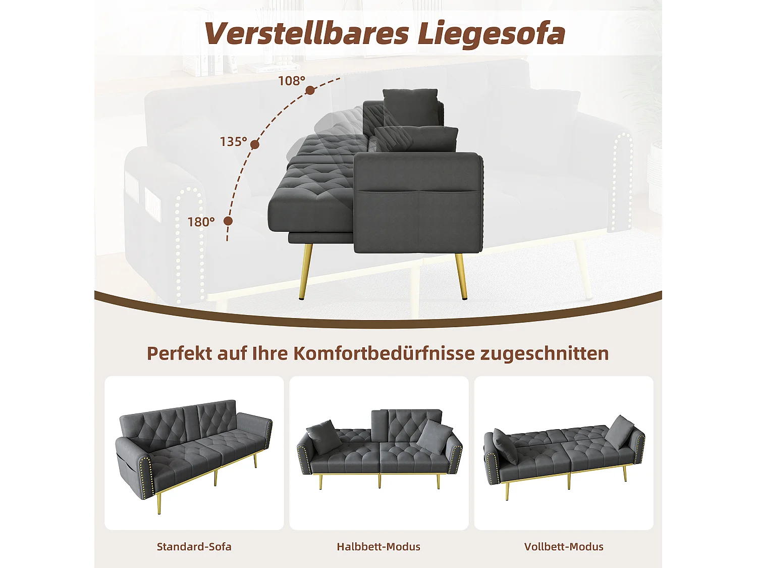 Divano letto 2 posti - 175 x 80 x 73,5 cm - 3 posizioni di reclinazione e con portabicchieri - velluto - grigio