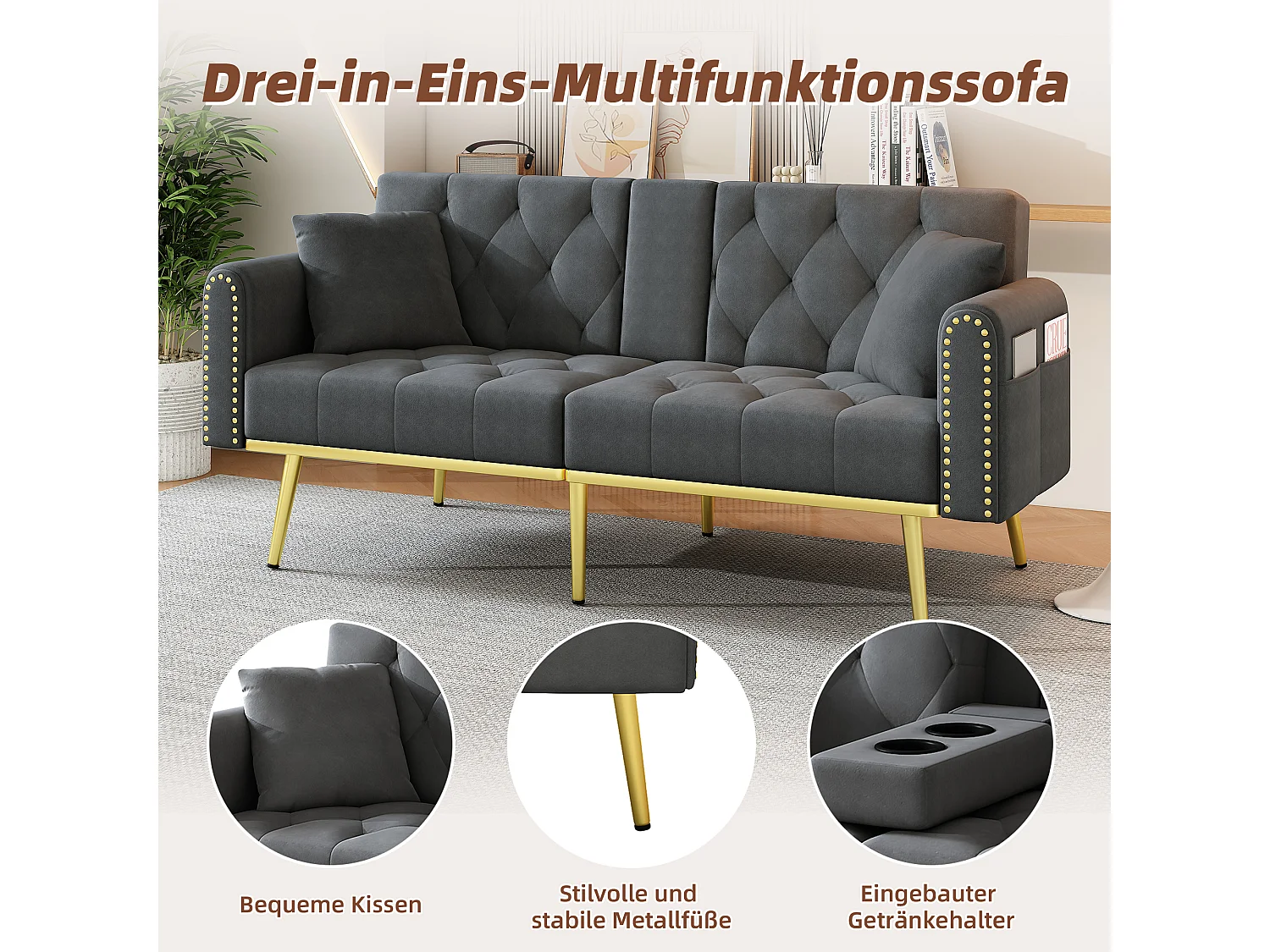 Divano letto 2 posti - 175 x 80 x 73,5 cm - 3 posizioni di reclinazione e con portabicchieri - velluto - grigio