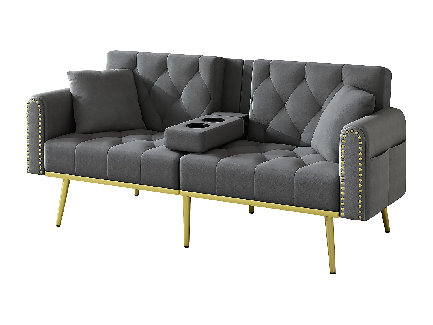 Divano letto 2 posti - 175 x 80 x 73,5 cm - 3 posizioni di reclinazione e con portabicchieri - velluto - grigio