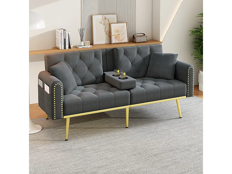 Canapé convertible 2 places - 175 x 80 x 73.5 cm - 3 positions d'inclinaison et avec porte-gobelets - velours - gris