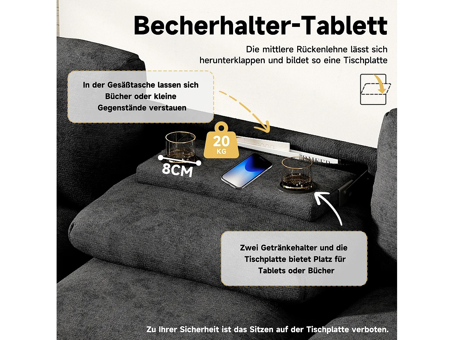 Canapé de salon 3 places - 242 x 88 x 80 cm - avec table pliante + USB + rangement dissimulé - velours - gris