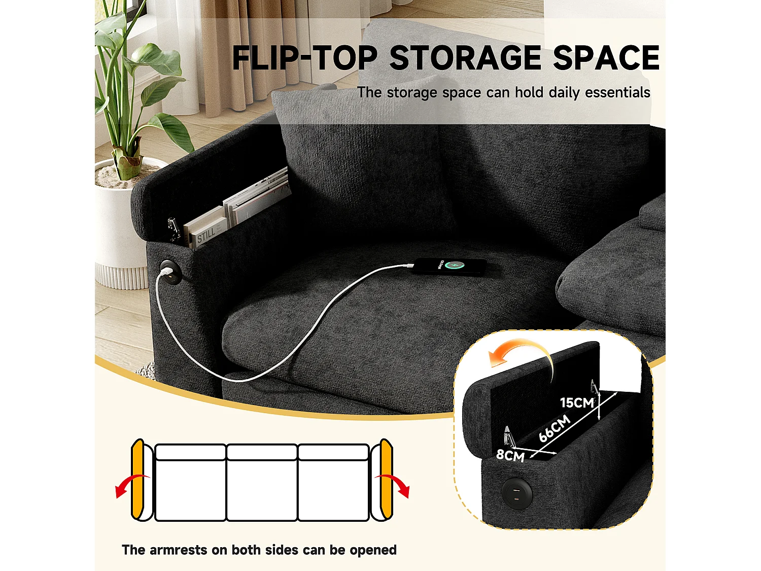 Canapé de salon 3 places - 242 x 88 x 80 cm - avec table pliante + USB + rangement dissimulé - velours - gris