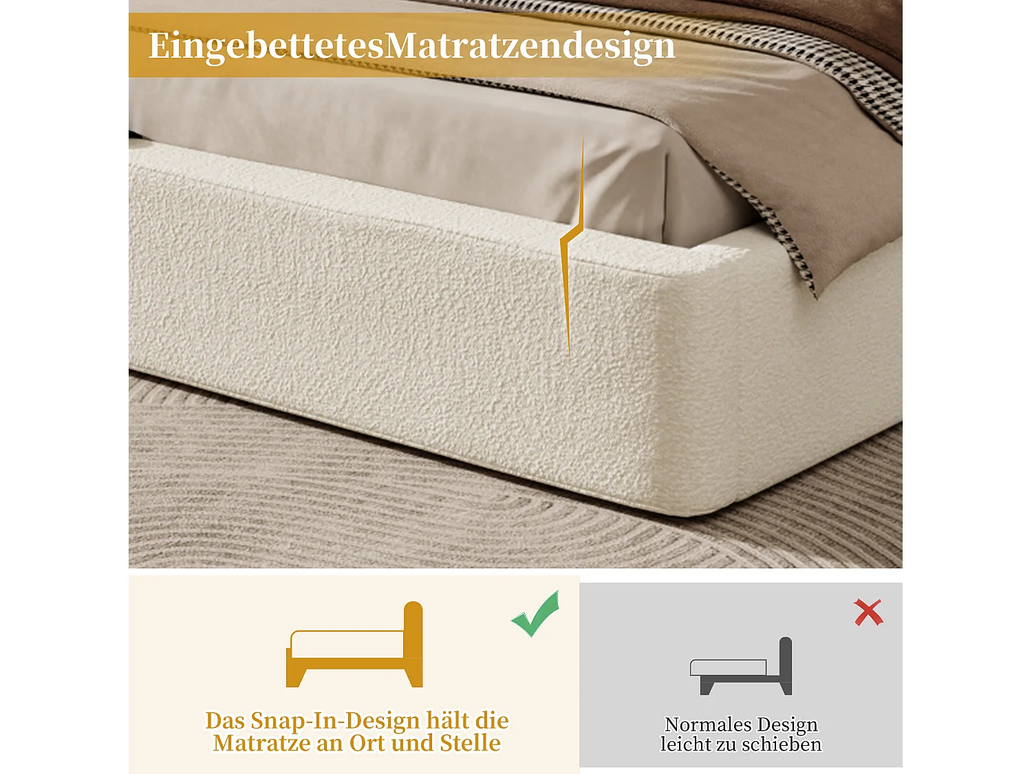 Cama doble tapizada con almacenaje - 180 x 200 cm - almacenaje hidráulico - con somier de láminas + cabecero - hebilla - beige