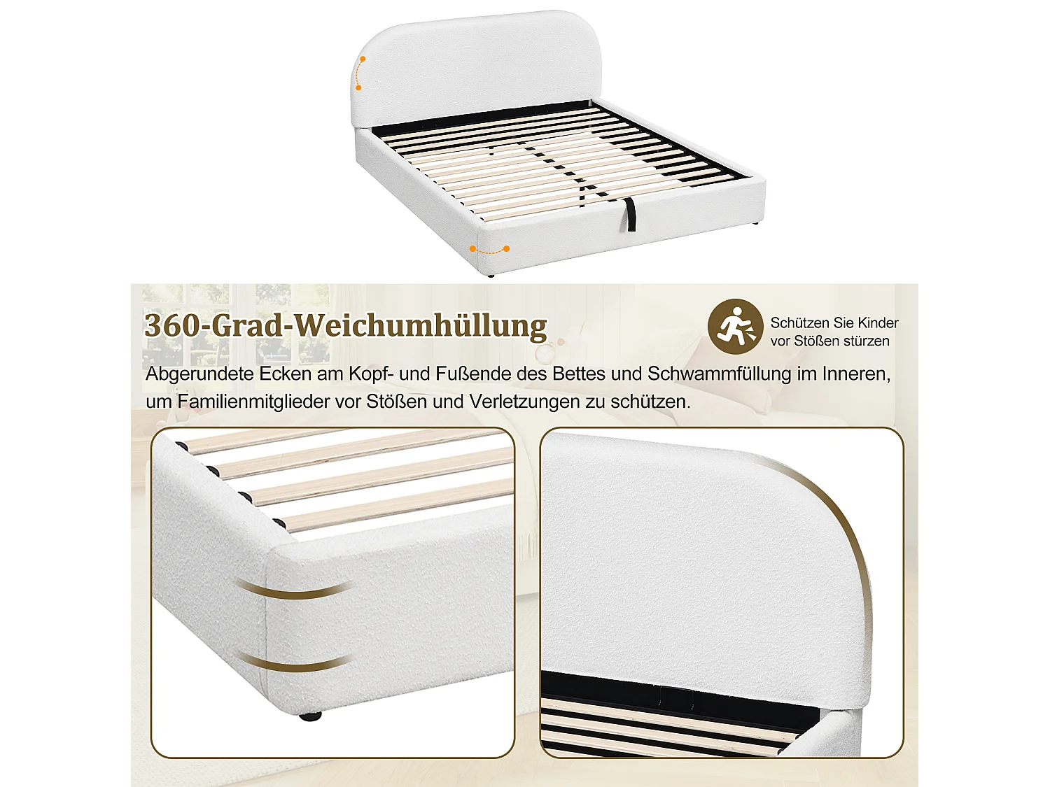 Gepolstertes Doppelbett mit Stauraum – 180 x 200 cm – hydraulischer Stauraum – mit Lattenrost und Kopfteil – Schnallenverschluss – beige