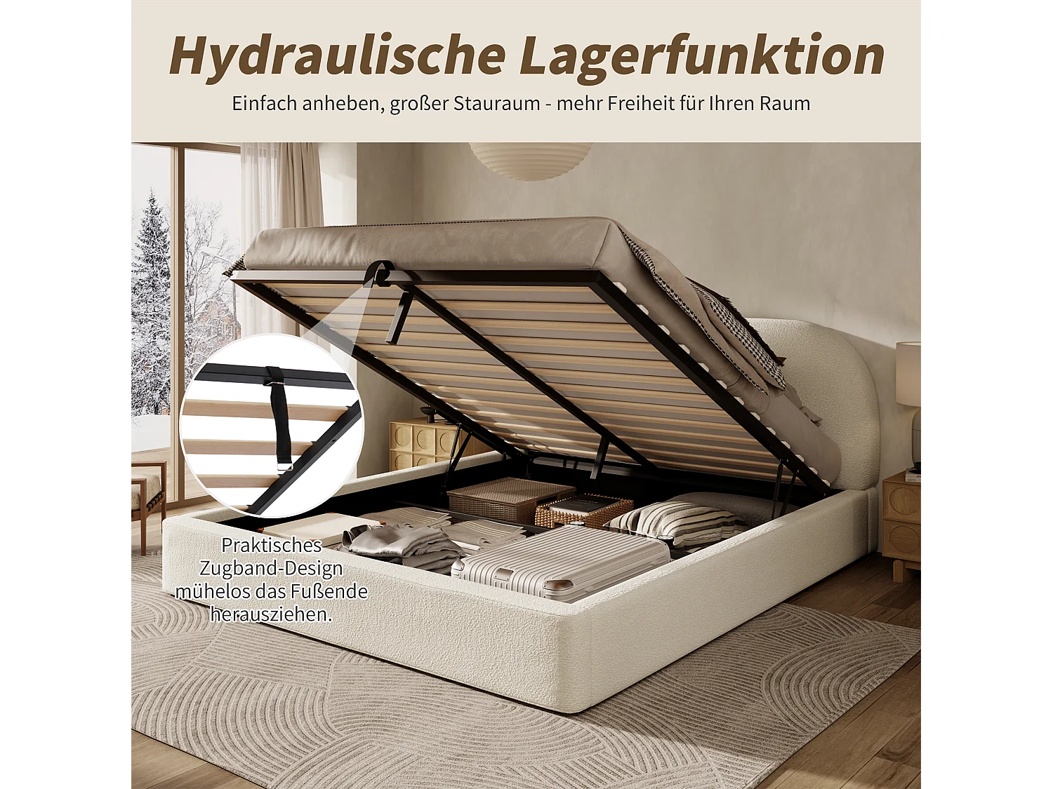 Gepolstertes Doppelbett mit Stauraum – 180 x 200 cm – hydraulischer Stauraum – mit Lattenrost und Kopfteil – Schnallenverschluss – beige