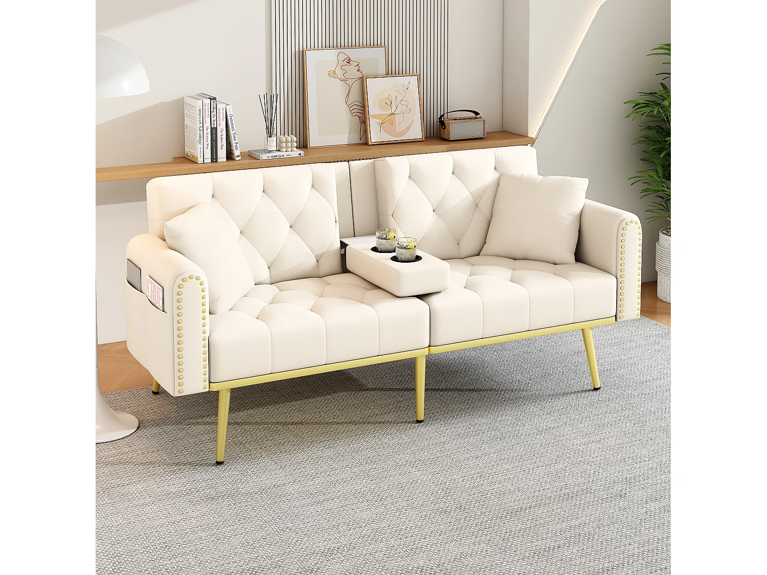 Canapé convertible 2 places - 175 x 80 x 73.5 cm - 3 positions d'inclinaison et avec porte-gobelets - velours - beige