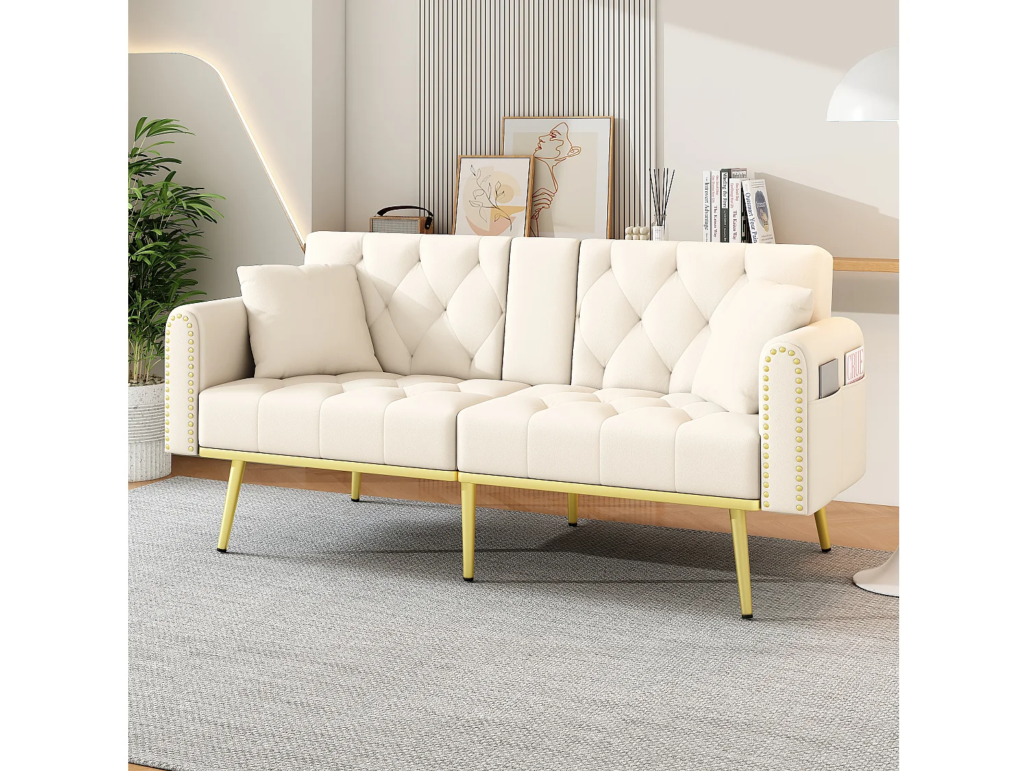 Canapé convertible 2 places - 175 x 80 x 73.5 cm - 3 positions d'inclinaison et avec porte-gobelets - velours - beige