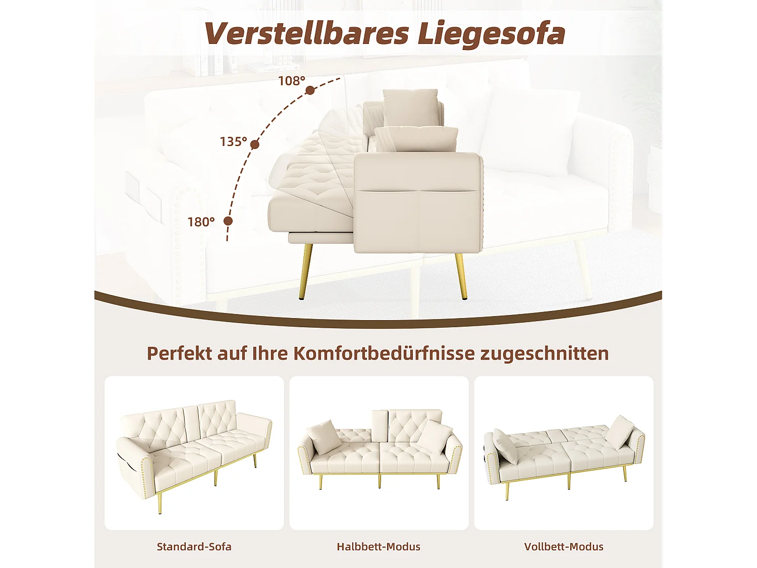 Canapé convertible 2 places - 175 x 80 x 73.5 cm - 3 positions d'inclinaison et avec porte-gobelets - velours - beige