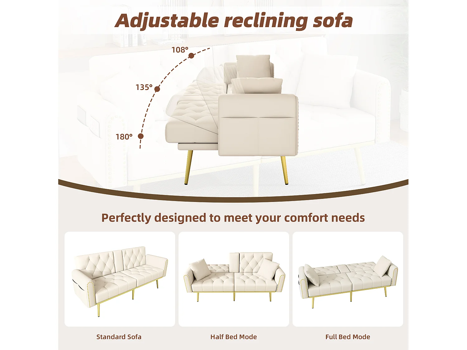 Canapé convertible 2 places - 175 x 80 x 73.5 cm - 3 positions d'inclinaison et avec porte-gobelets - velours - beige