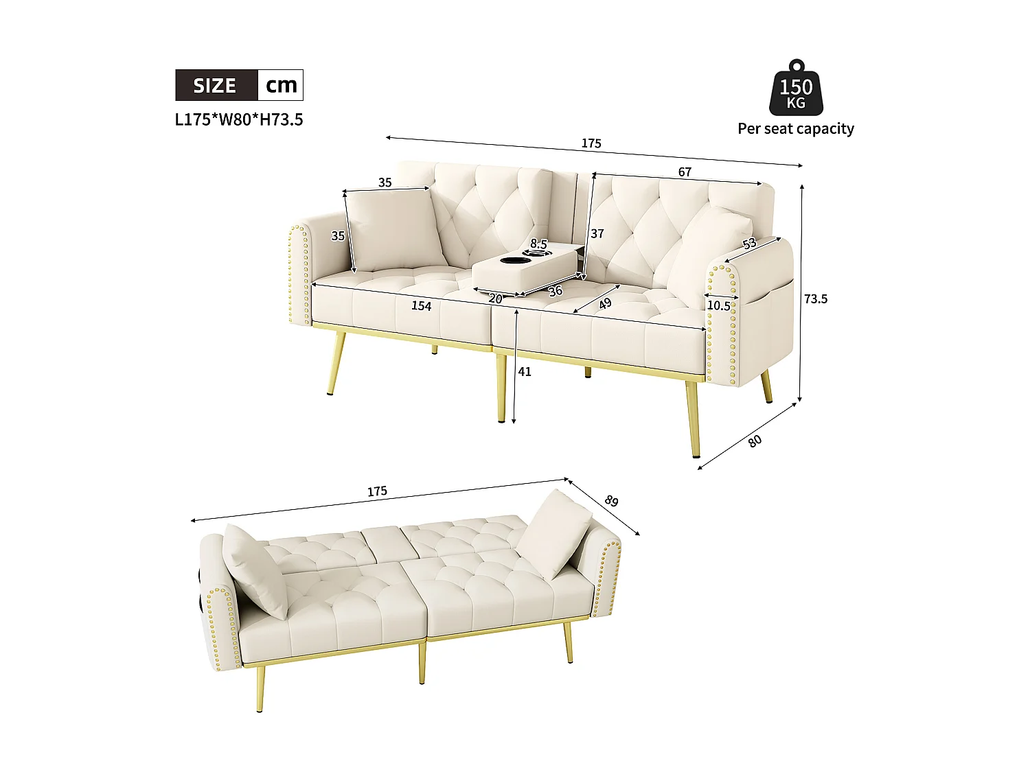 Divano letto 2 posti - 175 x 80 x 73,5 cm - 3 posizioni di reclinazione e con portabicchieri - velluto - beige