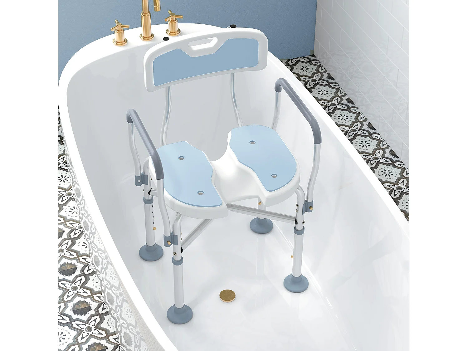Chaise de douche HOMCOM réglable en hauteur avec siège rembourré et fente centrale, structure aluminium, charge 136 kg, bleu/blanc/argent