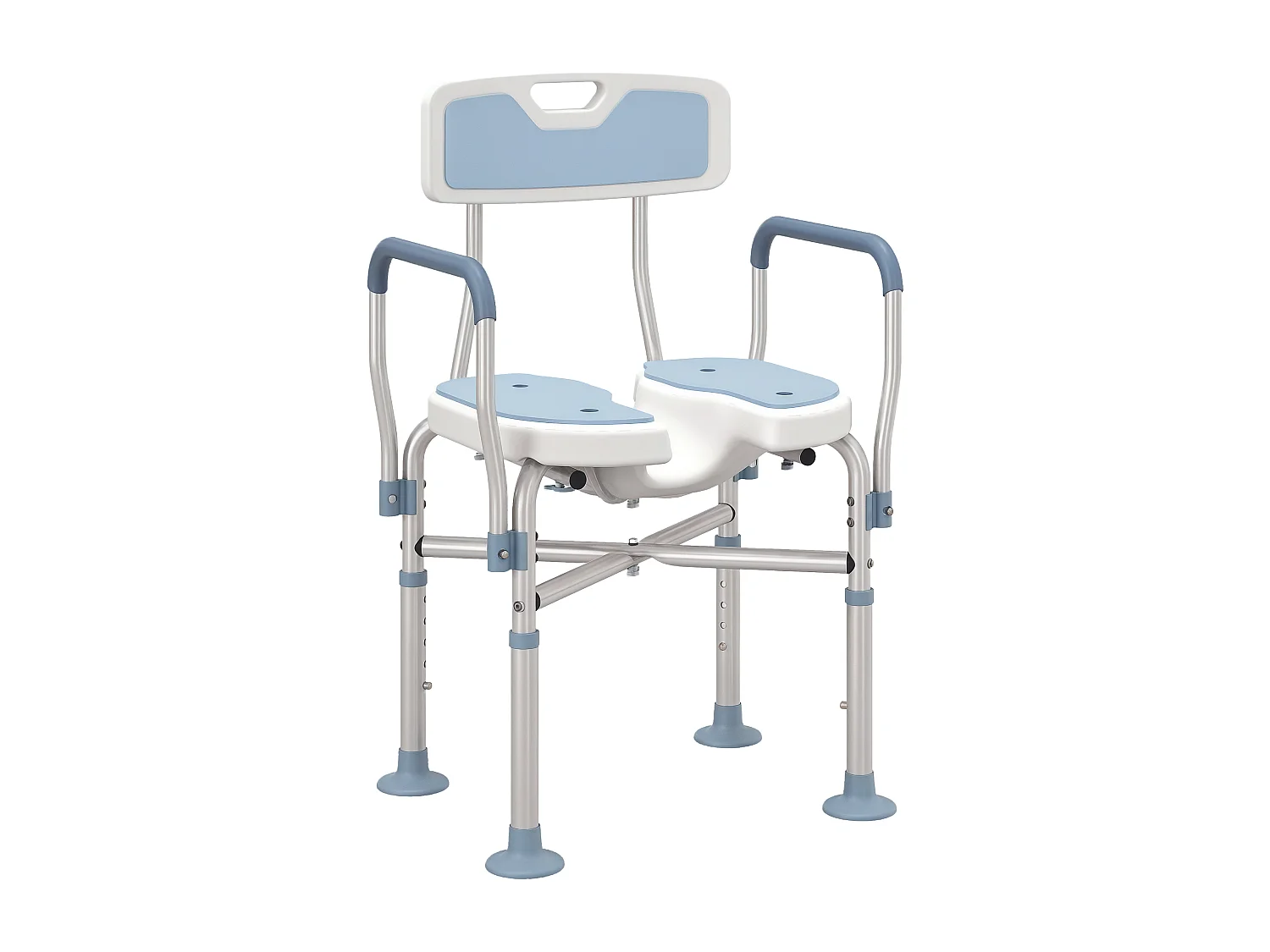 Chaise de douche HOMCOM réglable en hauteur avec siège rembourré et fente centrale, structure aluminium, charge 136 kg, bleu/blanc/argent