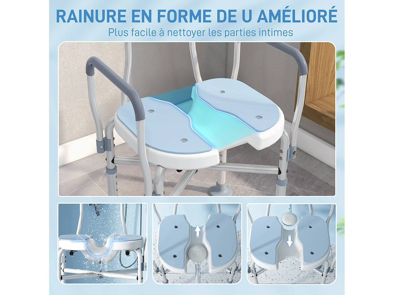 Chaise de douche HOMCOM réglable en hauteur avec siège rembourré et fente centrale, structure aluminium, charge 136 kg, bleu/blanc/argent