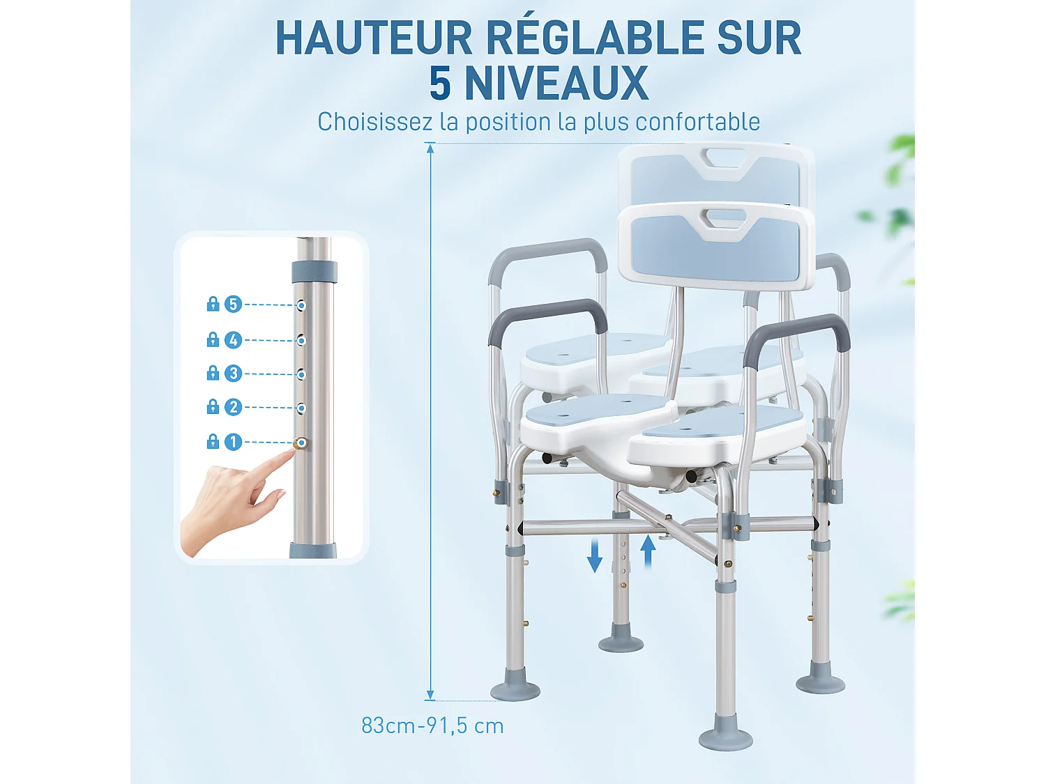 Chaise de douche HOMCOM réglable en hauteur avec siège rembourré et fente centrale, structure aluminium, charge 136 kg, bleu/blanc/argent