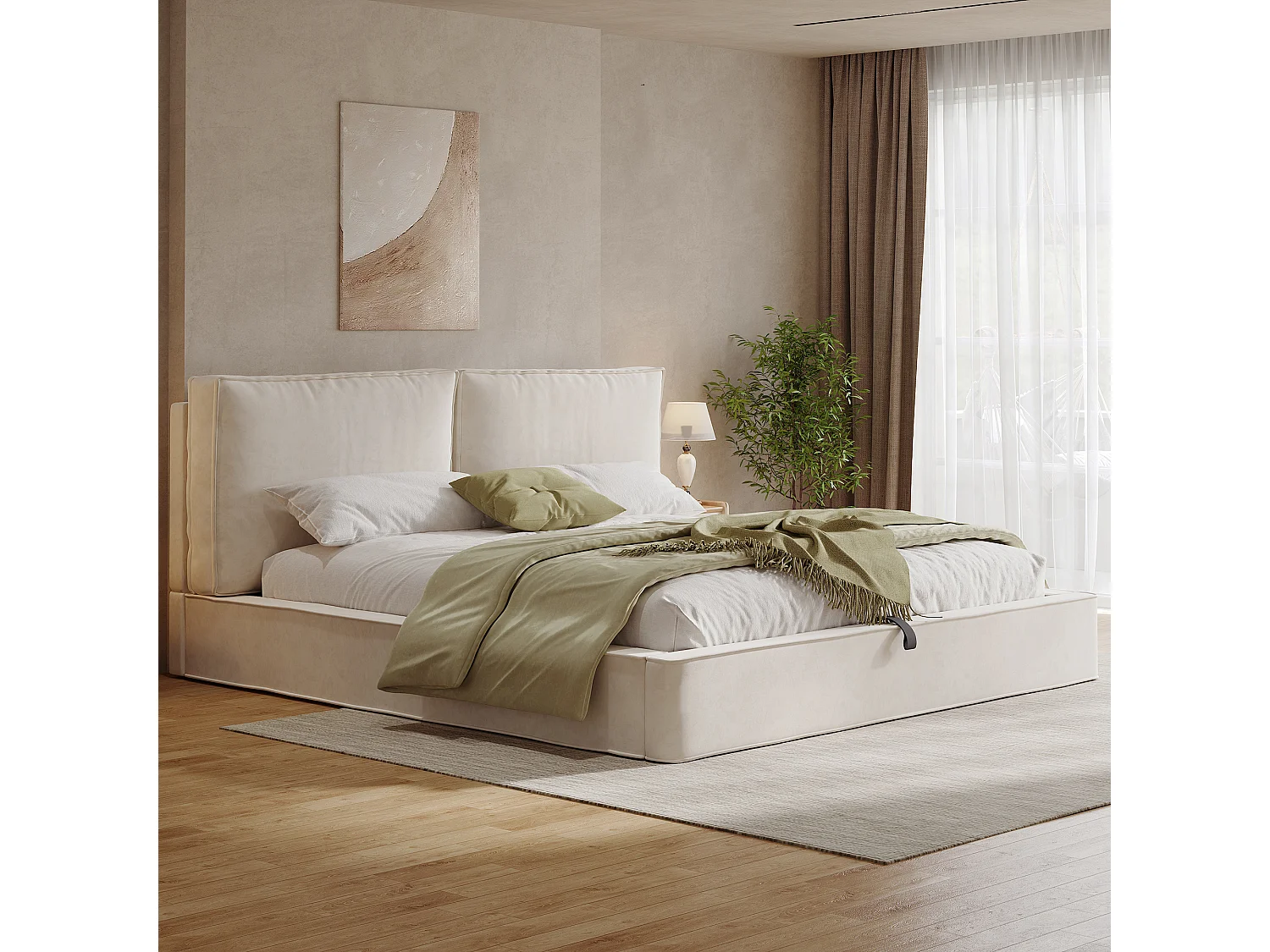 Cama doble tapizada con almacenaje - 180 x 200 cm - almacenaje hidráulico - con somier y cabecero de láminas - terciopelo - beige