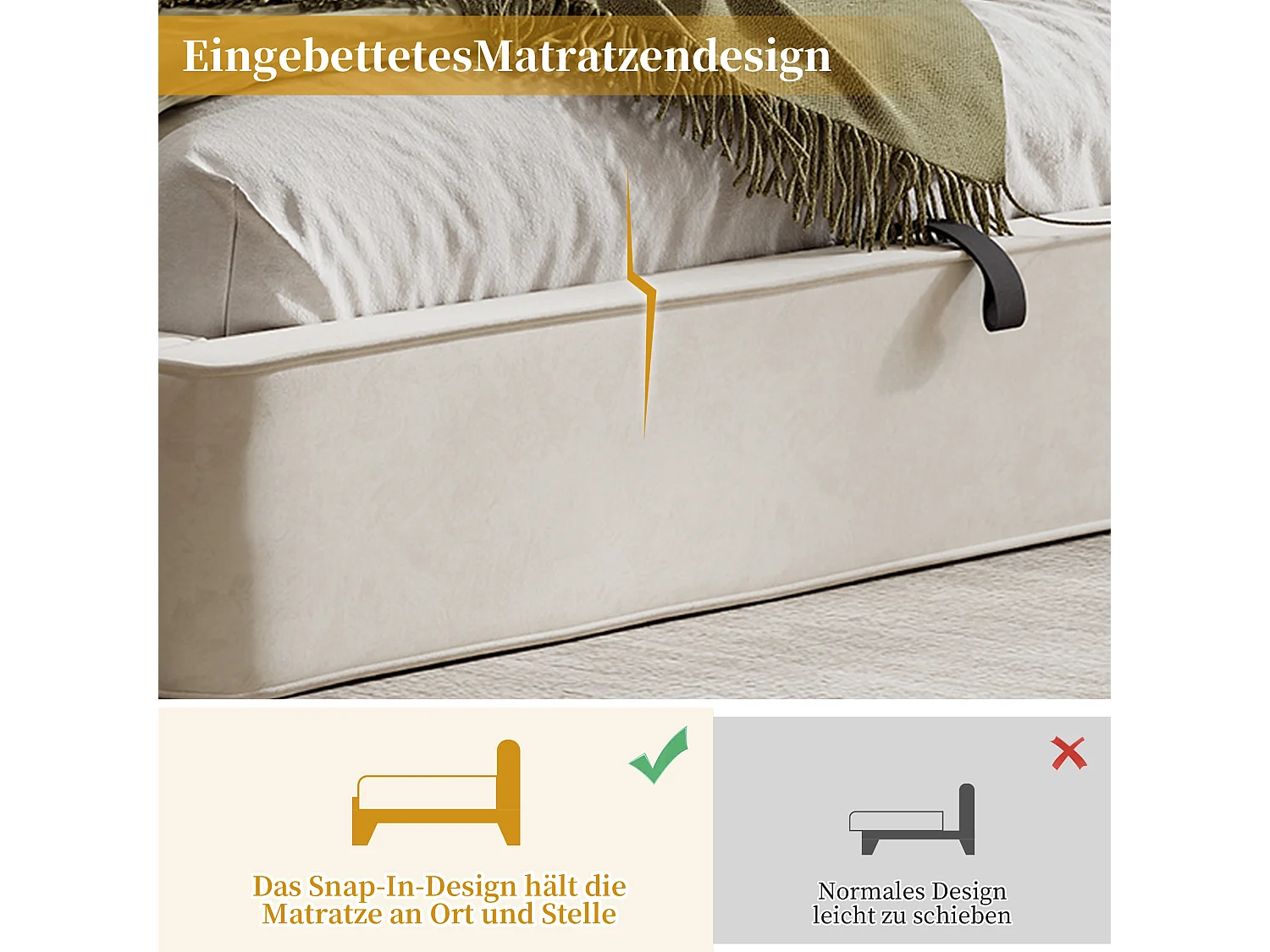 Cama doble tapizada con almacenaje - 180 x 200 cm - almacenaje hidráulico - con somier y cabecero de láminas - terciopelo - beige