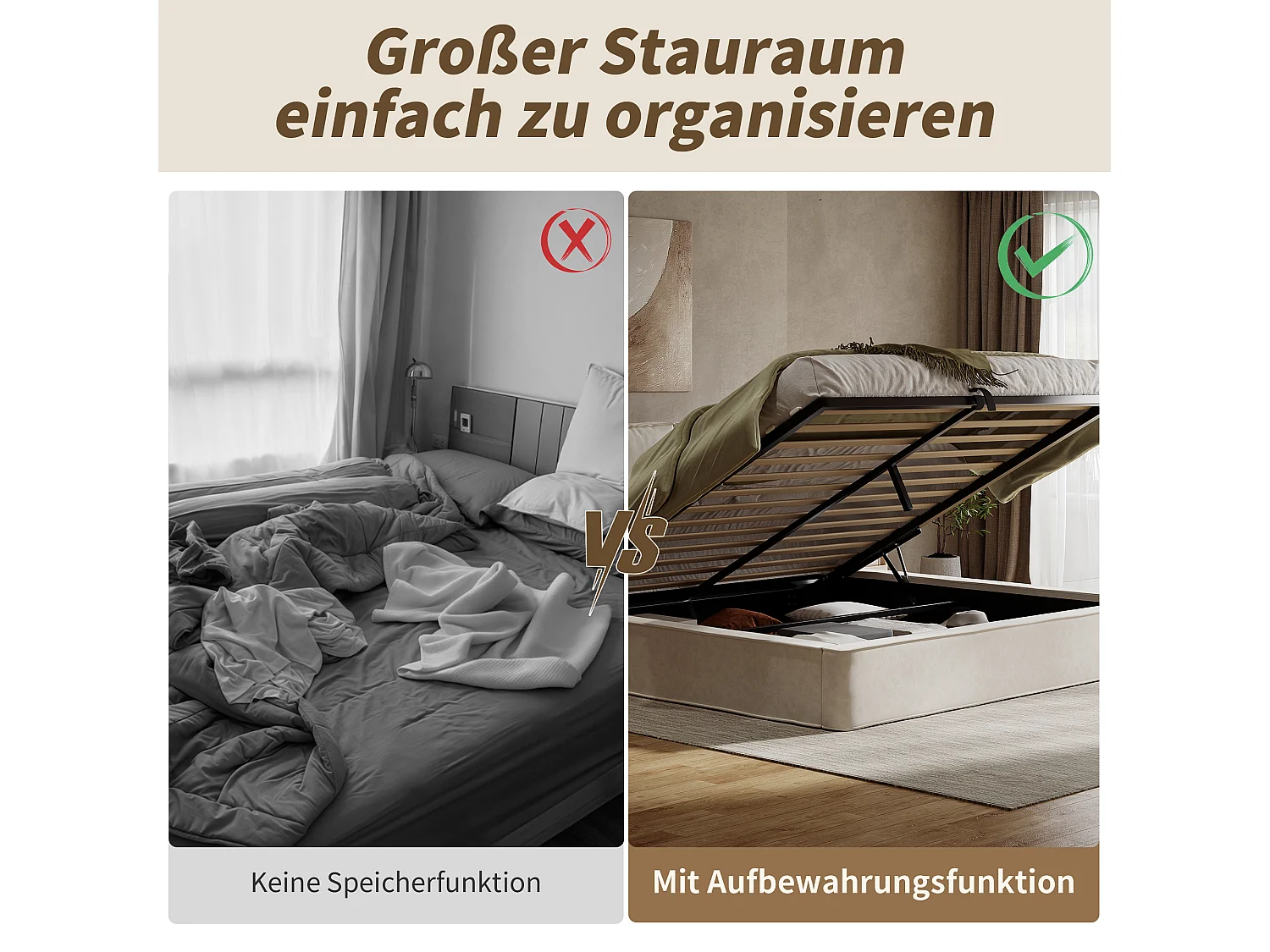 Gepolstertes Doppelbett mit Stauraum – 180 x 200 cm – hydraulischer Stauraum – mit Lattenrost und Kopfteil – Samt – beige