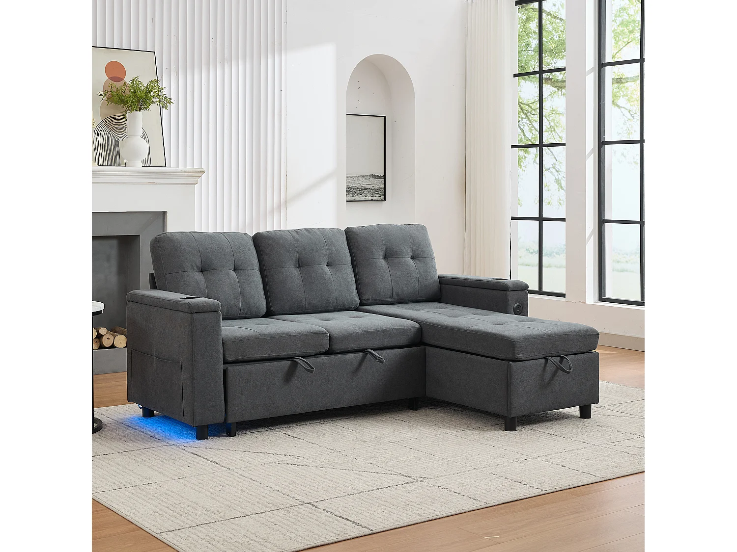 Canapé convertible 3 places - 208 x 146 x 89.5 cm - avec rangement intégré + Leds - Tissu - gris