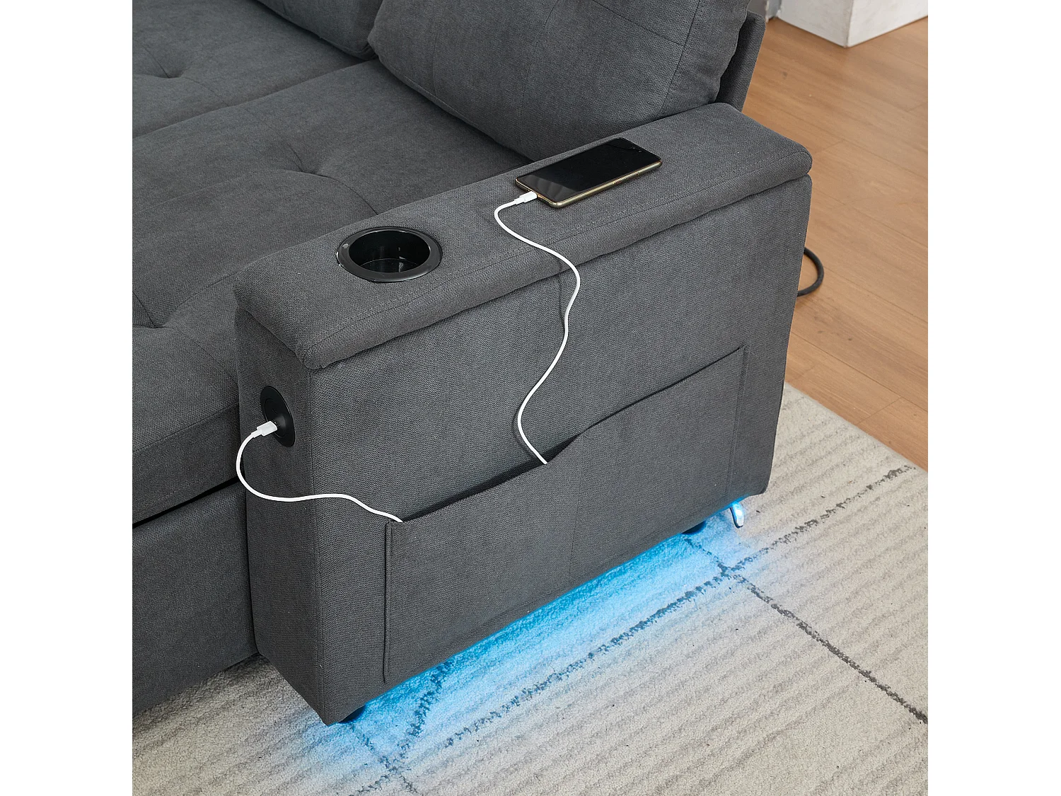 Canapé convertible 3 places - 208 x 146 x 89.5 cm - avec rangement intégré + Leds - Tissu - gris