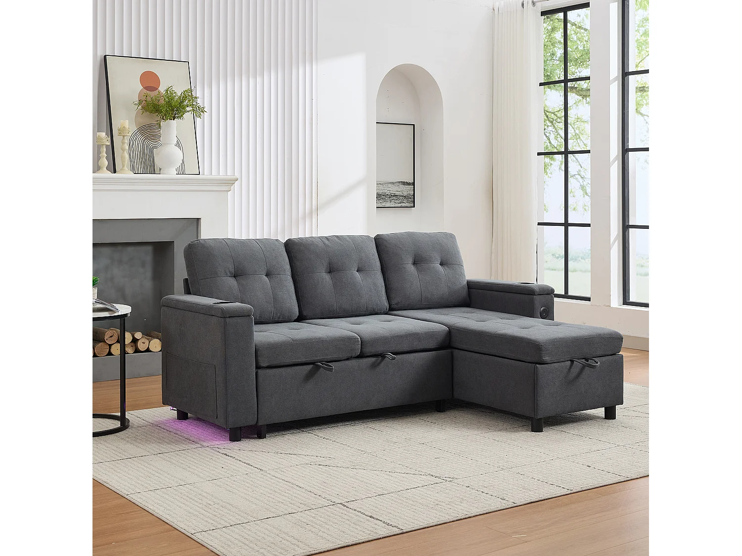 Canapé convertible 3 places - 208 x 146 x 89.5 cm - avec rangement intégré + Leds - Tissu - gris