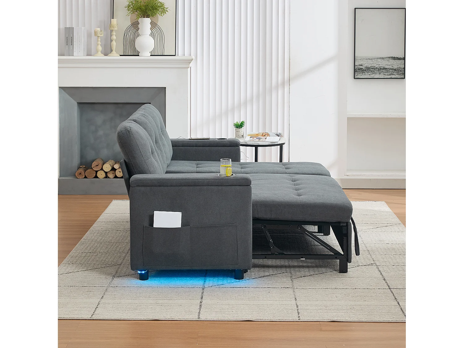 Canapé convertible 3 places - 208 x 146 x 89.5 cm - avec rangement intégré + Leds - Tissu - gris