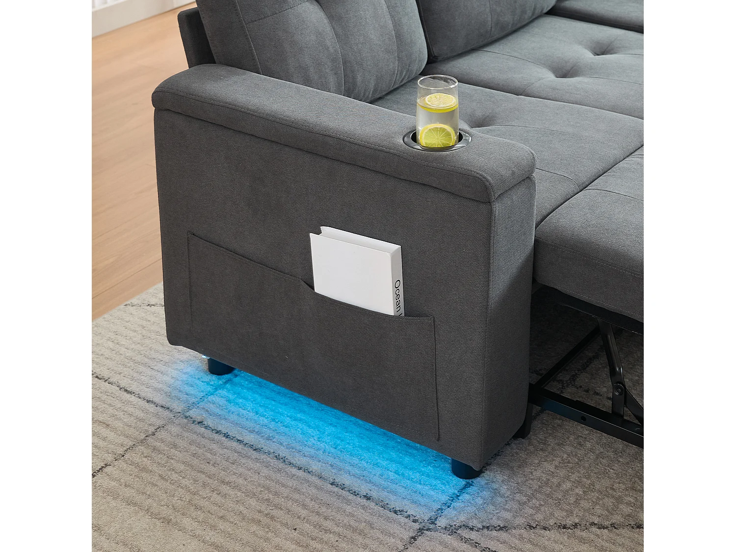 Canapé convertible 3 places - 208 x 146 x 89.5 cm - avec rangement intégré + Leds - Tissu - gris