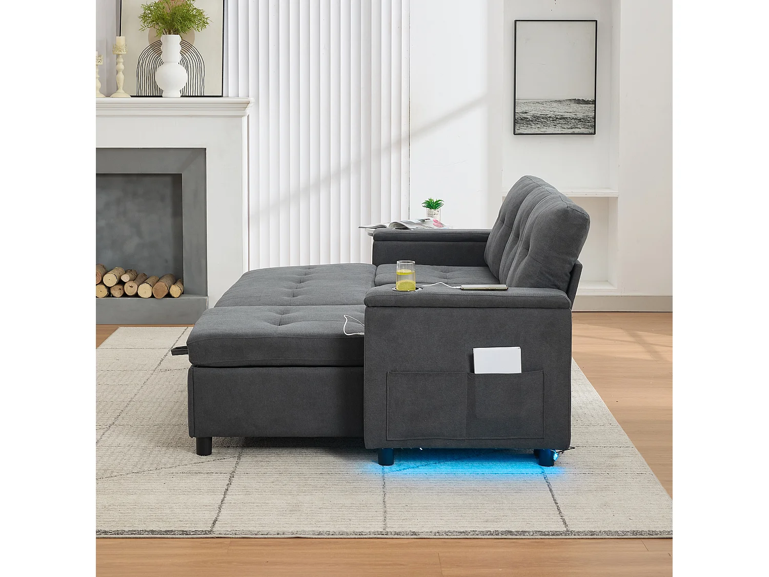 Canapé convertible 3 places - 208 x 146 x 89.5 cm - avec rangement intégré + Leds - Tissu - gris