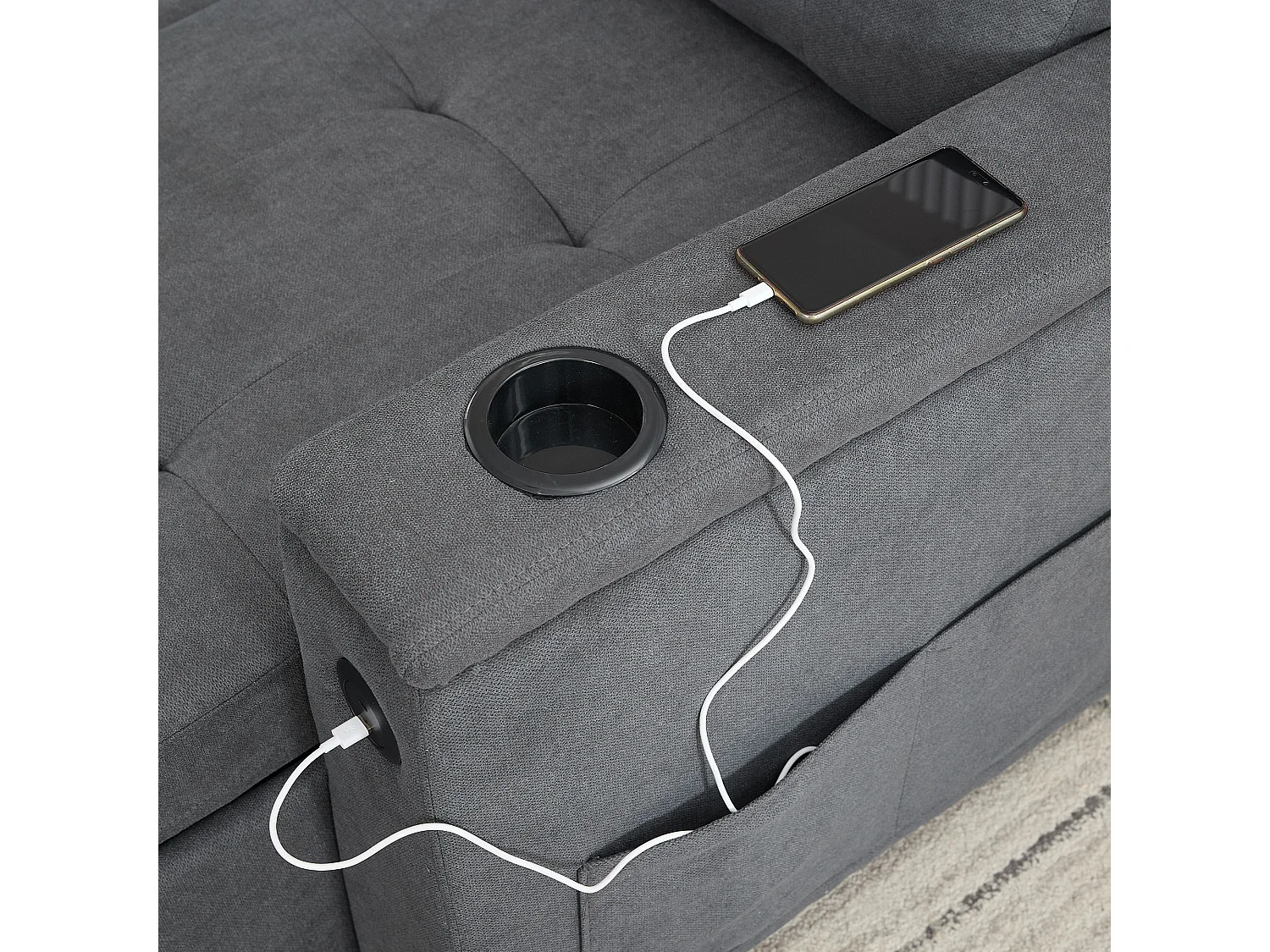 Canapé convertible 3 places - 208 x 146 x 89.5 cm - avec rangement intégré + Leds - Tissu - gris