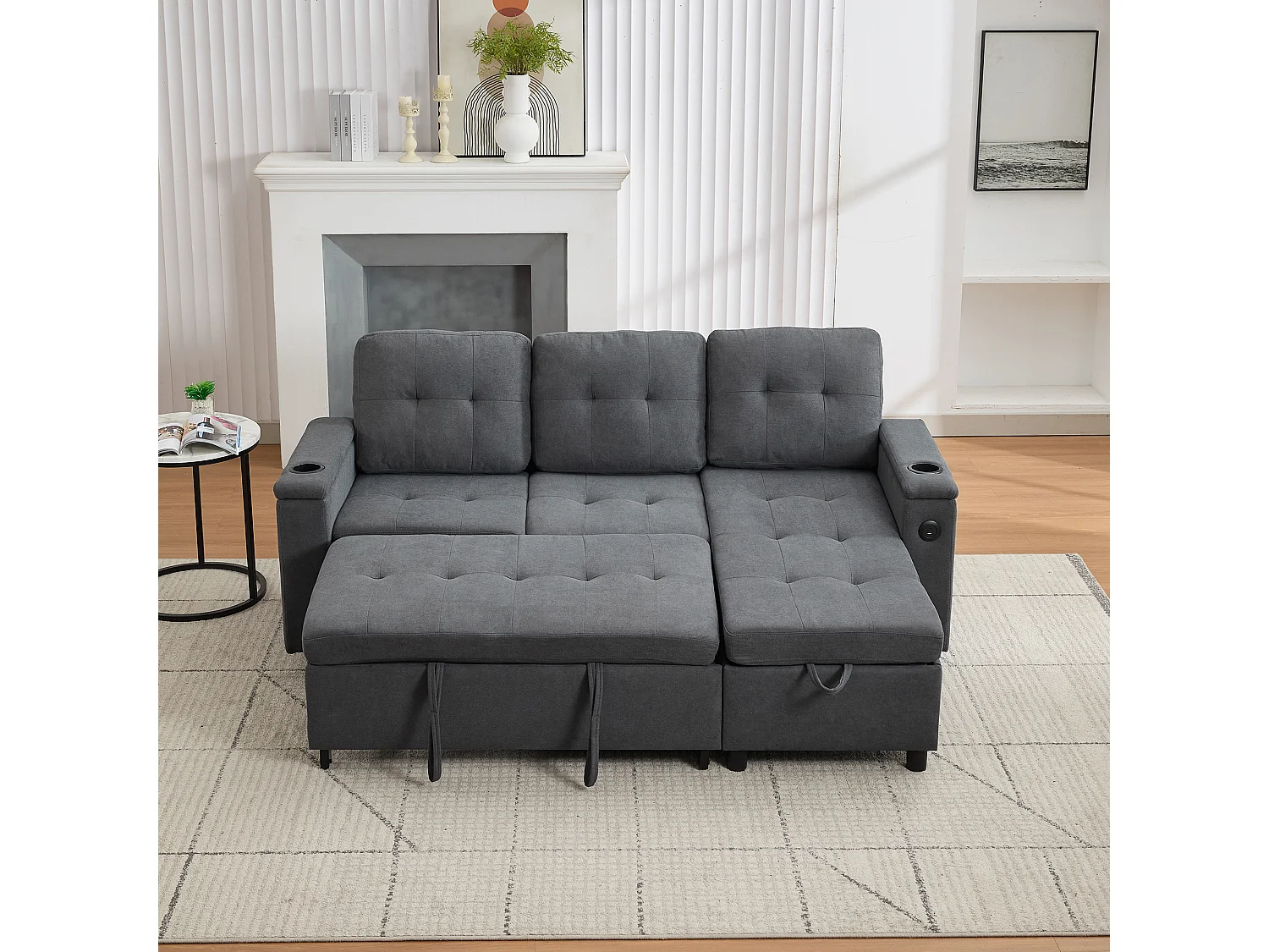 Canapé convertible 3 places - 208 x 146 x 89.5 cm - avec rangement intégré + Leds - Tissu - gris