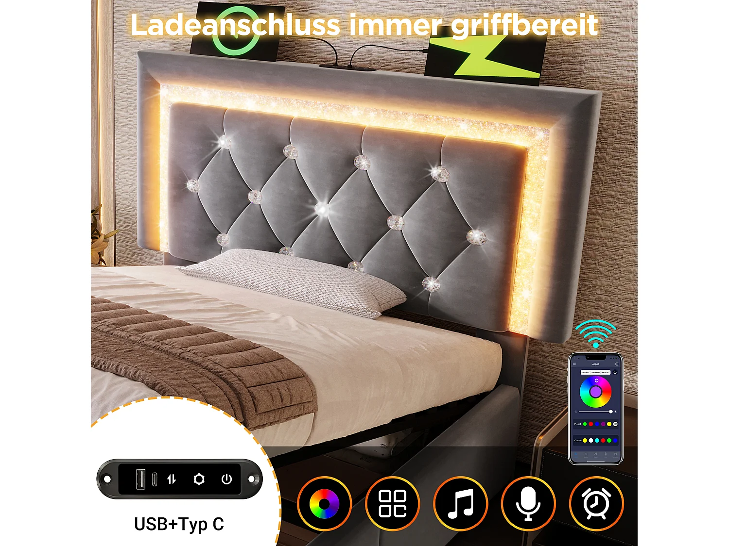 Gepolstertes Einzelbett mit Stauraum – 90 x 200 cm – Kopfteil mit LEDs sowie USB- und Typ-C-Anschlüssen – hydraulischer Stauraum – Samt – grau
