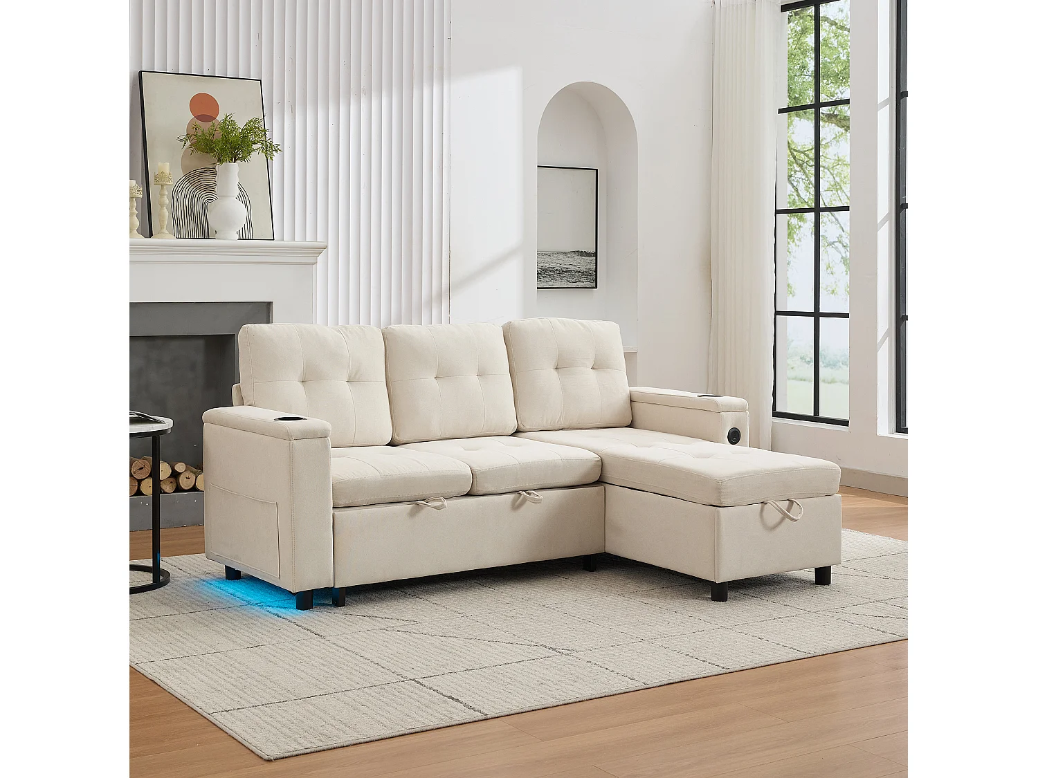 Canapé convertible 3 places - 208 x 146 x 89.5 cm - avec rangement intégré + Leds - Tissu - beige