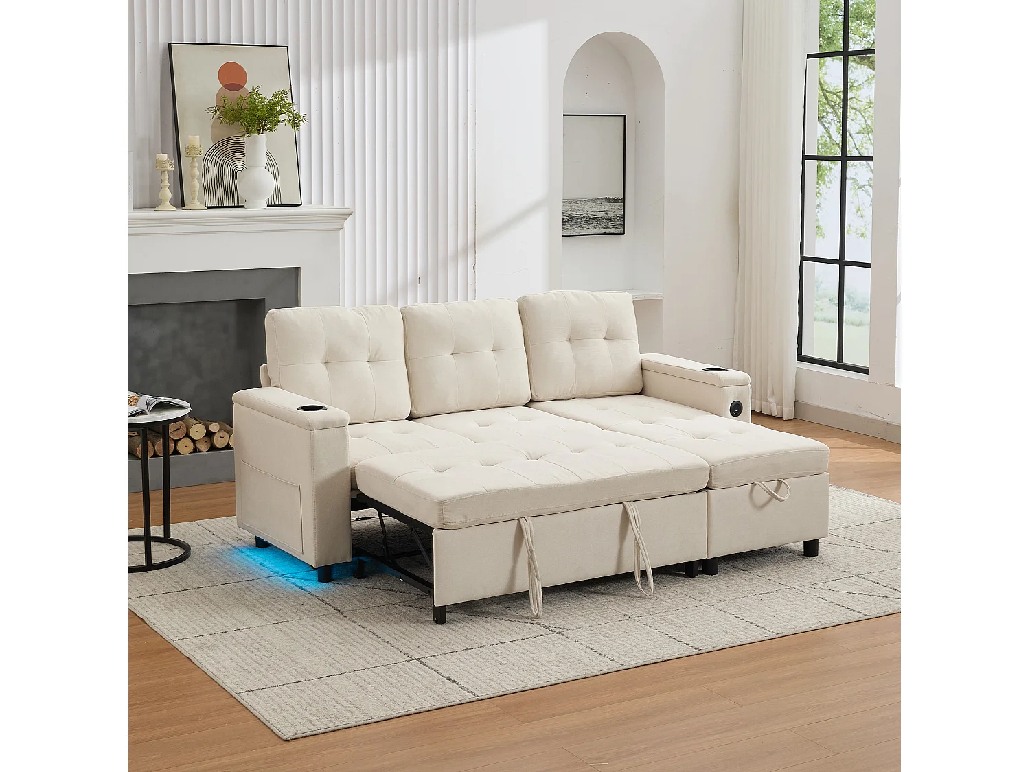 Canapé convertible 3 places - 208 x 146 x 89.5 cm - avec rangement intégré + Leds - Tissu - beige