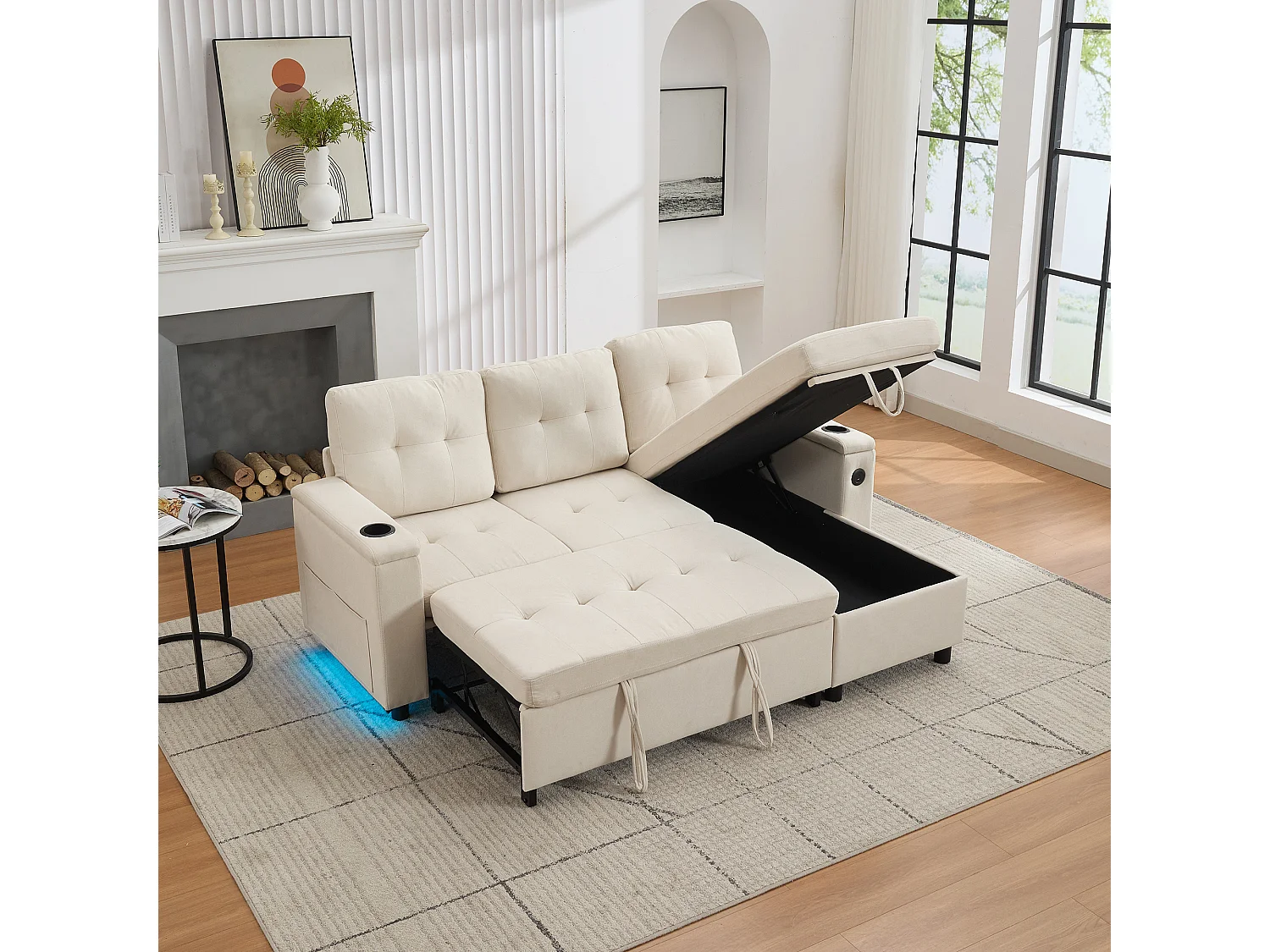 Canapé convertible 3 places - 208 x 146 x 89.5 cm - avec rangement intégré + Leds - Tissu - beige